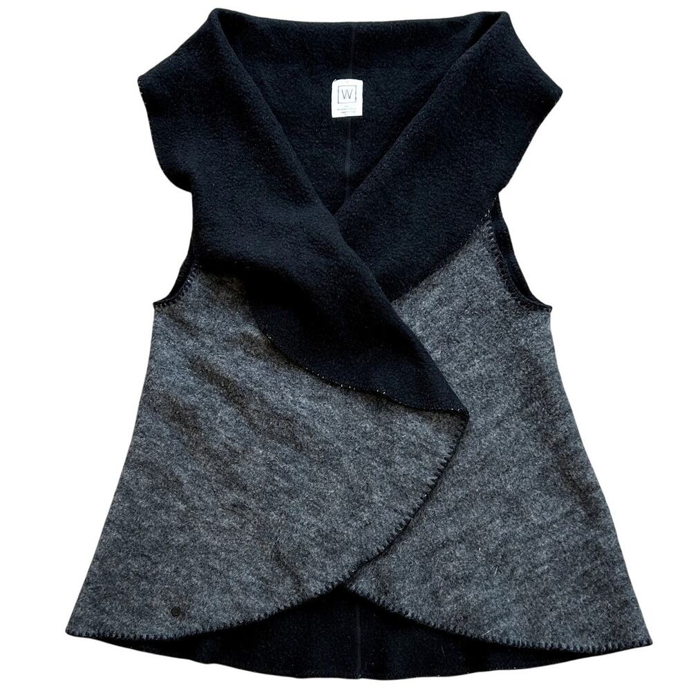We Norwegians 100% Merino Wool Sleeveless Wrap Vest Draped Collar Black Gray S